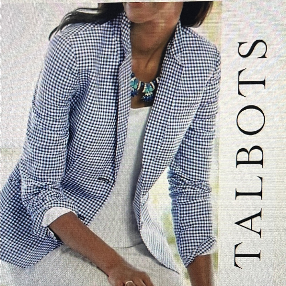 Talbots Navy White Gingham Linen Blend Blazer Size 22
